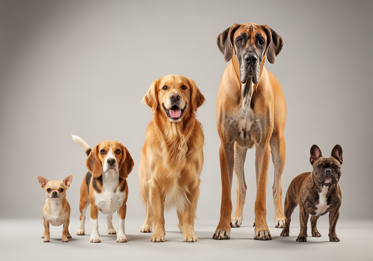 Different dog breeds of varying sizes show the diversity of attributes a pet profile must capture
