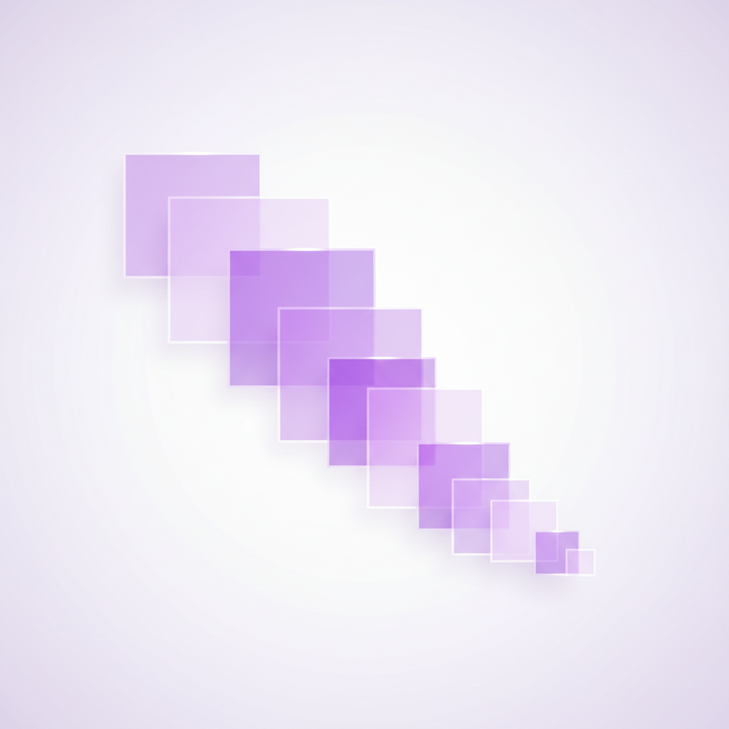 Abstract geometric composition showing decreasing translucent squares representing hidden ecommerce return costs, with purple and lavender gradients on white background.