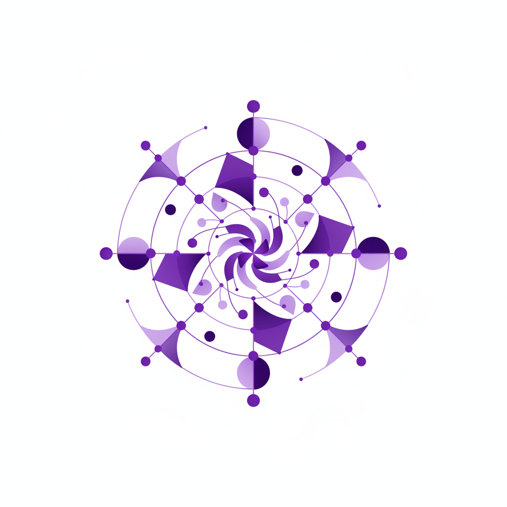 Bold converging geometric shapes with flowing purple gradients, representing product matching technology connecting customers to the right products.