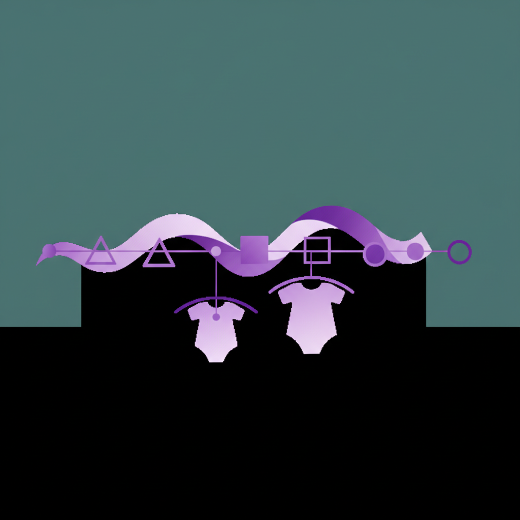 Abstract flowing measurement ribbon curving through aligned geometric shapes, representing accurate size measurement for baby clothing matching.