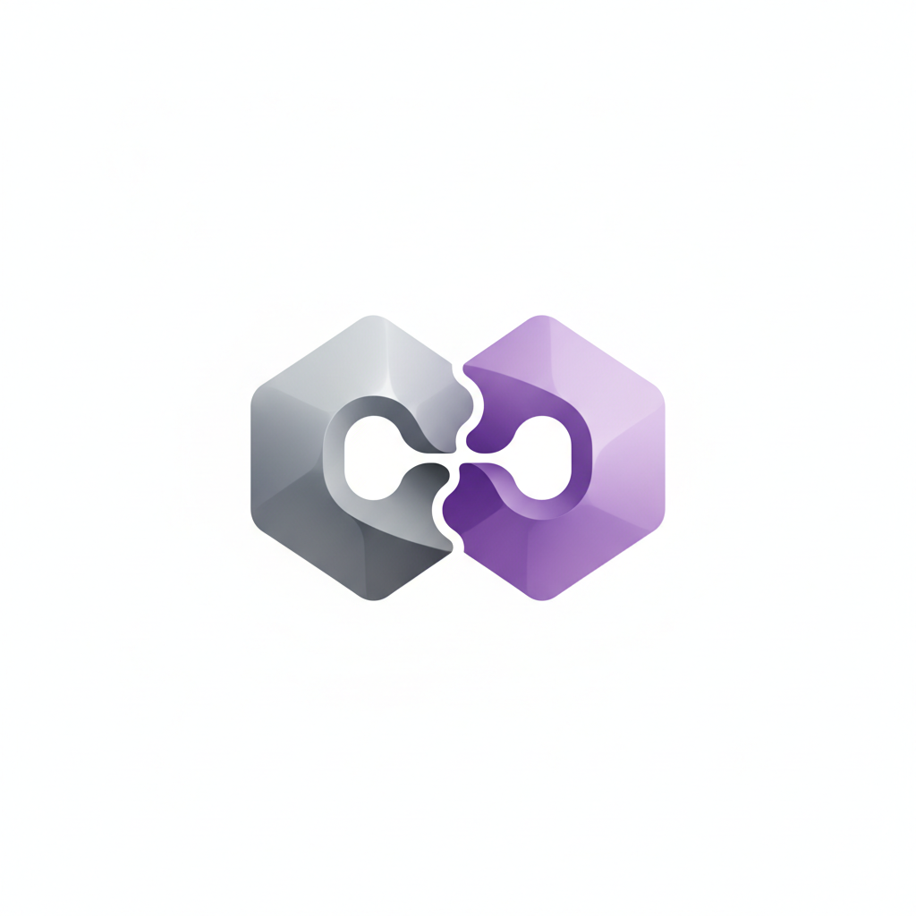 Two halves of a geometric puzzle coming together, one side gray and the other purple, representing customer profiles matching products to reduce returns.
